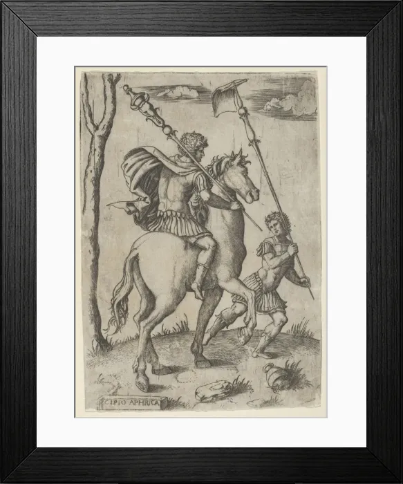 Framed Print : Scipio Africanus on horseback preceeded by a foot soldier holding a standard, ca... ca. 1500-1534. Creator: Marcantonio Raimondi Framed Print : Scipio Africanus on horseback preceeded by a foot soldier holding a standard, ca... ca. 1500-1534. Creator: Marcantonio Raimondi