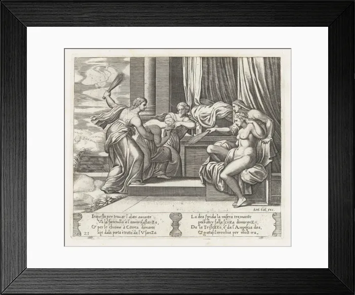 Framed Print : Plate 21: Female personifications of Sorrow and Pain at right punishing Psyche at the b... 1530-60. Creator: Master of the Die Framed Print : Plate 21: Female personifications of Sorrow and Pain at right punishing Psyche at the b... 1530-60. Creator: Master of the Die