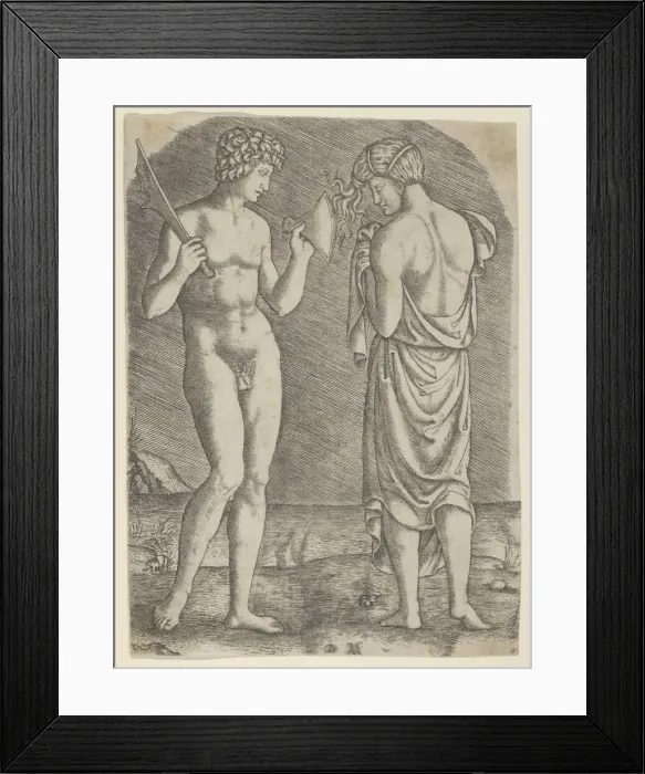 Framed Print : A naked man at left showing an axe to a woman at right, ca. 1510-27. Creator: Marcantonio Raimondi Framed Print : A naked man at left showing an axe to a woman at right, ca. 1510-27. Creator: Marcantonio Raimondi