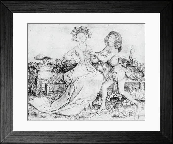 Framed Print : Pair of Lovers on a Grassy Bench, 15th century. Creator: Master ES Framed Print : Pair of Lovers on a Grassy Bench, 15th century. Creator: Master ES
