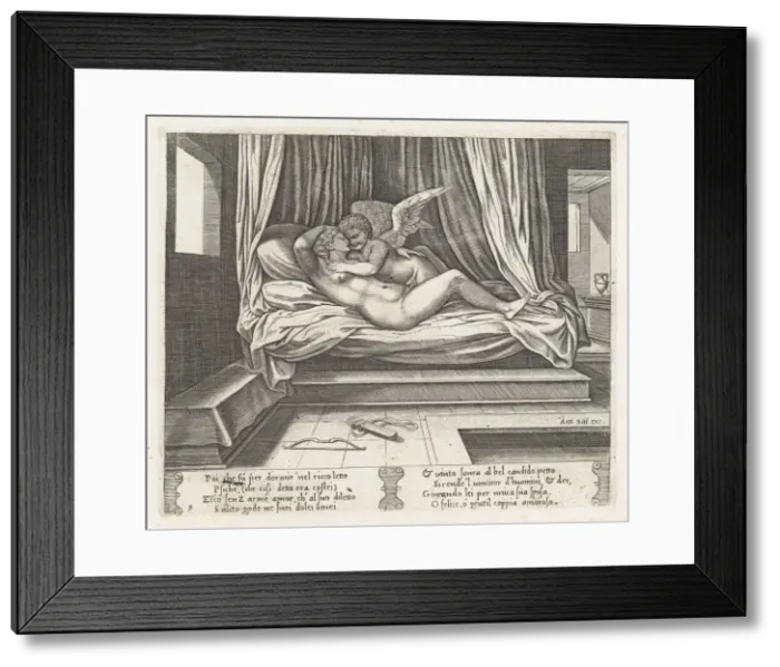 Framed Print : Plate 9: Cupid and Psyche on a bed, from the Story of Cupid and Psyche as told by Apule... 1530-60. Creator: Master of the Die Framed Print : Plate 9: Cupid and Psyche on a bed, from the Story of Cupid and Psyche as told by Apule... 1530-60. Creator: Master of the Die