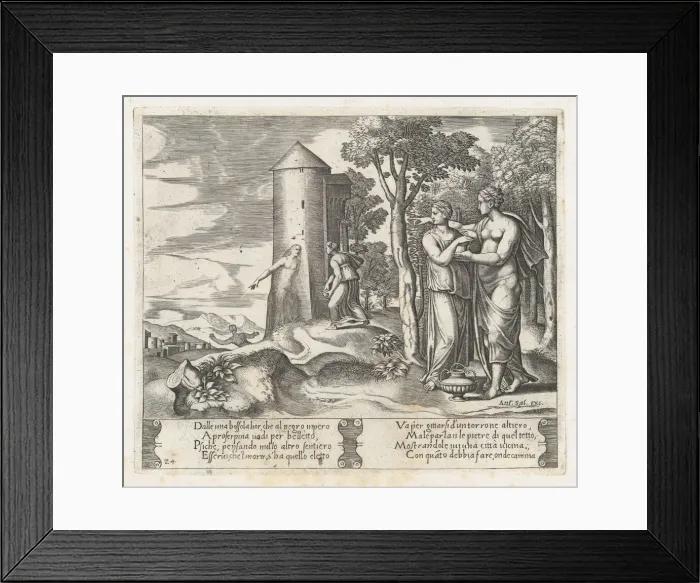 Framed Print : Plate 24: Venus and Psyche standing at right, pointing to the underworld at center, int... 1530-60. Creator: Master of the Die Framed Print : Plate 24: Venus and Psyche standing at right, pointing to the underworld at center, int... 1530-60. Creator: Master of the Die
