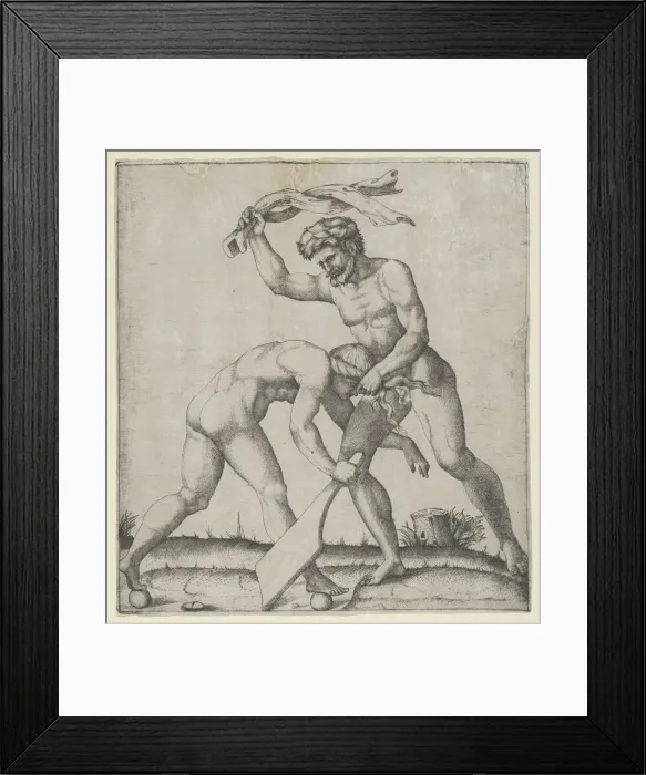 Framed Print : A naked man holding Fortune by the hair and whipping her, ca. 1510-27. Creator: Marcantonio Raimondi Framed Print : A naked man holding Fortune by the hair and whipping her, ca. 1510-27. Creator: Marcantonio Raimondi