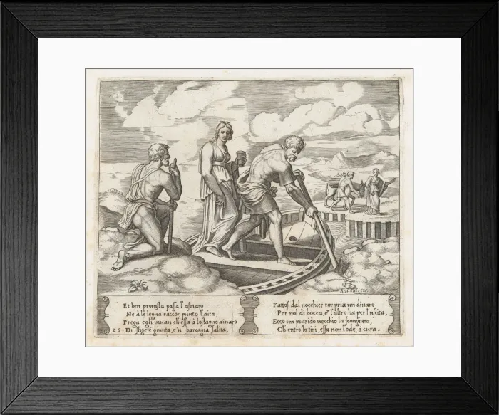 Framed Print : Plate 25: Psyche setting off in Charons boat, ignoring the old man at left who request... 1530-60. Creator: Master of the Die Framed Print : Plate 25: Psyche setting off in Charons boat, ignoring the old man at left who request... 1530-60. Creator: Master of the Die