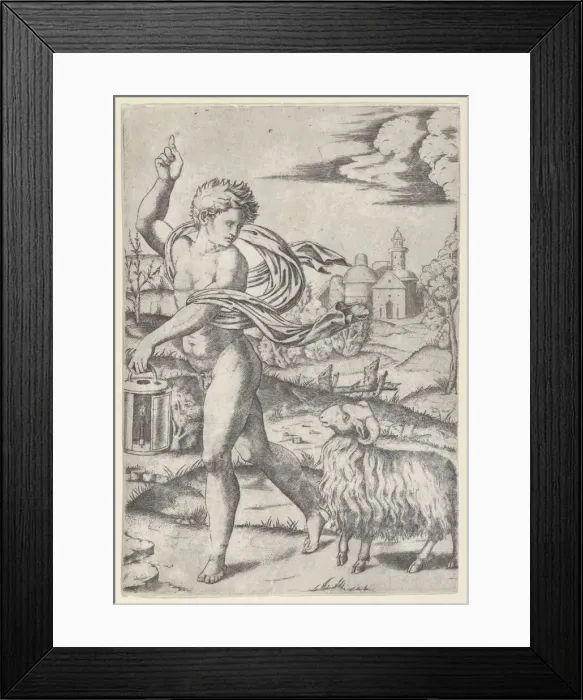 Framed Print : A naked young man walking left, carrying a lantern and looking backwards over his s... ca. 1510-27. Creator: Marcantonio Raimondi Framed Print : A naked young man walking left, carrying a lantern and looking backwards over his s... ca. 1510-27. Creator: Marcantonio Raimondi