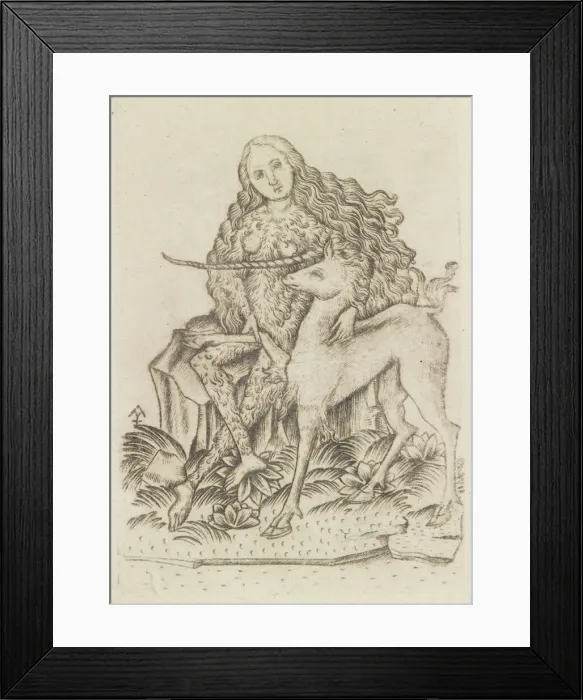 Framed Print : Playing Card, with Wild Woman and Unicorn, 15th century. Creator: Master ES Framed Print : Playing Card, with Wild Woman and Unicorn, 15th century. Creator: Master ES