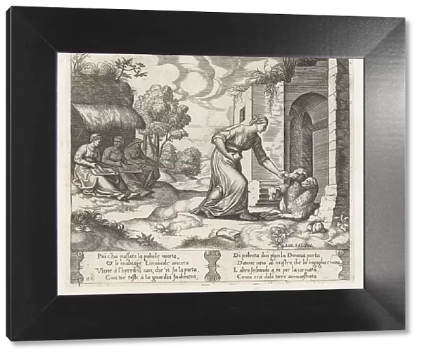 Plate 26: Psyche enters the underworld giving an offering to Cerberus, with two elderly... 1530-60. Creator: Master of the Die