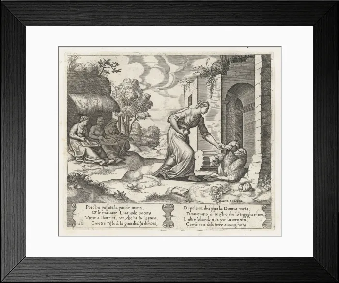 Framed Print : Plate 26: Psyche enters the underworld giving an offering to Cerberus, with two elderly... 1530-60. Creator: Master of the Die Framed Print : Plate 26: Psyche enters the underworld giving an offering to Cerberus, with two elderly... 1530-60. Creator: Master of the Die