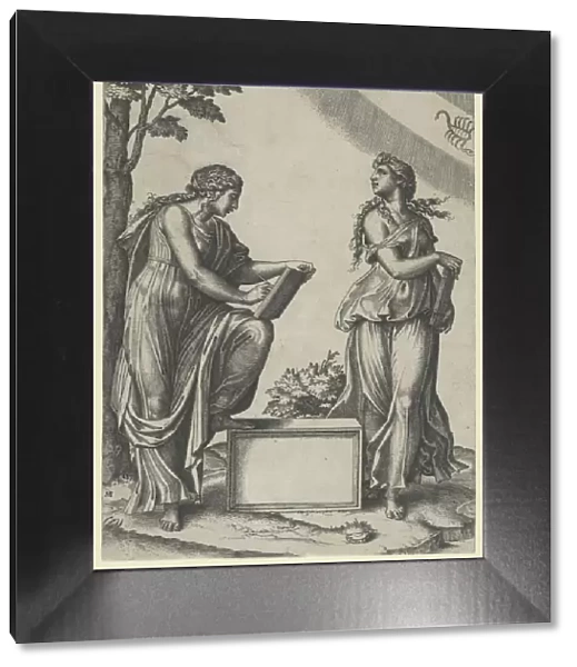 Two women of the zodiac standing beneath the signs of Libra and Scorpio, ca. 1517-20 Creator: Marcantonio Raimondi