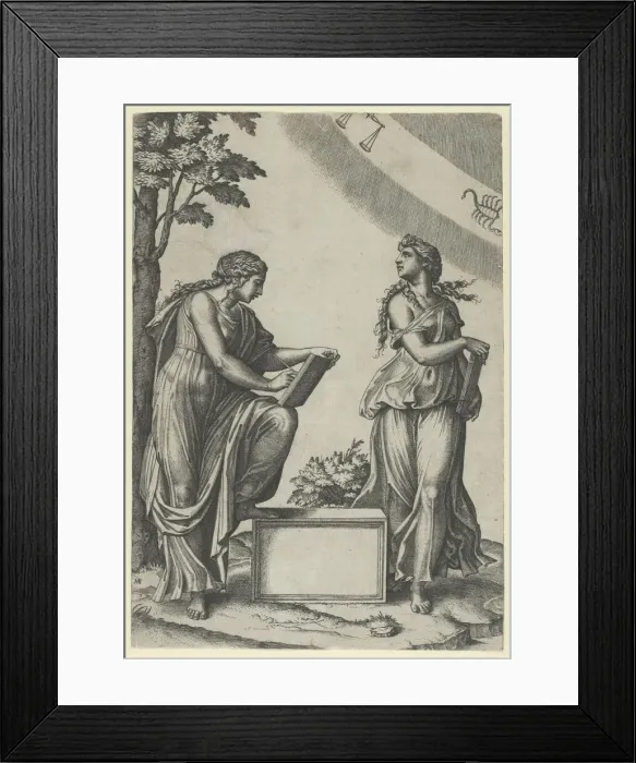 Framed Print : Two women of the zodiac standing beneath the signs of Libra and Scorpio, ca. 1517-20 Creator: Marcantonio Raimondi Framed Print : Two women of the zodiac standing beneath the signs of Libra and Scorpio, ca. 1517-20 Creator: Marcantonio Raimondi