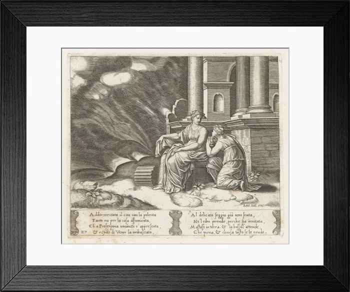 Framed Print : Plate 27: Proserpine gives Psyche the box of beauty, from the Story of Cupid and Psyche... 1530-60. Creator: Master of the Die Framed Print : Plate 27: Proserpine gives Psyche the box of beauty, from the Story of Cupid and Psyche... 1530-60. Creator: Master of the Die