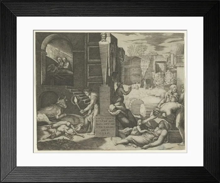 Framed Print : A plague scene at right, a man at left holding a torch illuminating part of the sce... ca. 1515-16. Creator: Marcantonio Raimondi Framed Print : A plague scene at right, a man at left holding a torch illuminating part of the sce... ca. 1515-16. Creator: Marcantonio Raimondi