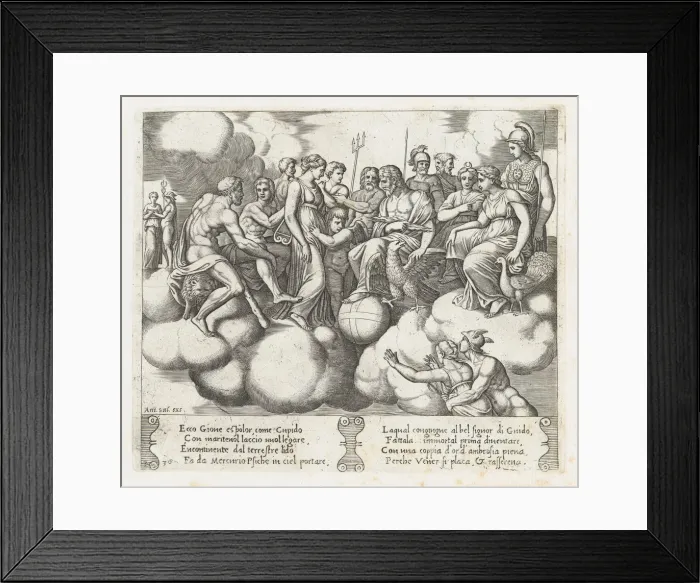 Framed Print : Plate 30: Venus and Cupid pleading their case before Jupiter and other Gods with Mercur... 1530-60. Creator: Master of the Die Framed Print : Plate 30: Venus and Cupid pleading their case before Jupiter and other Gods with Mercur... 1530-60. Creator: Master of the Die