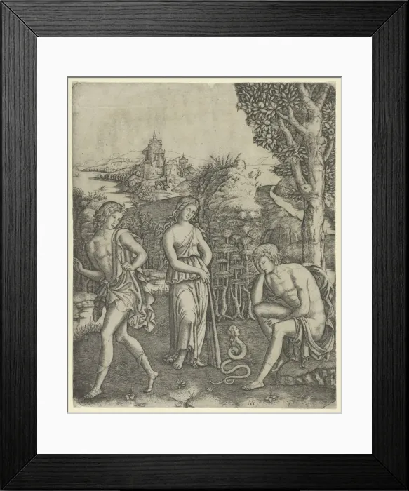 Framed Print : A young man sitting at right resting his head in his hand, a snake with a womans he... ca. 1510-20. Creator: Marcantonio Raimondi Framed Print : A young man sitting at right resting his head in his hand, a snake with a womans he... ca. 1510-20. Creator: Marcantonio Raimondi