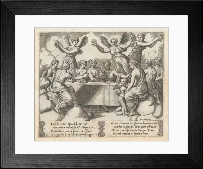 Framed Print : Plate 31: Gods celebrating the wedding of Cupid and Psyche, from the Story of Cupid and... 1530-60. Creator: Master of the Die Framed Print : Plate 31: Gods celebrating the wedding of Cupid and Psyche, from the Story of Cupid and... 1530-60. Creator: Master of the Die