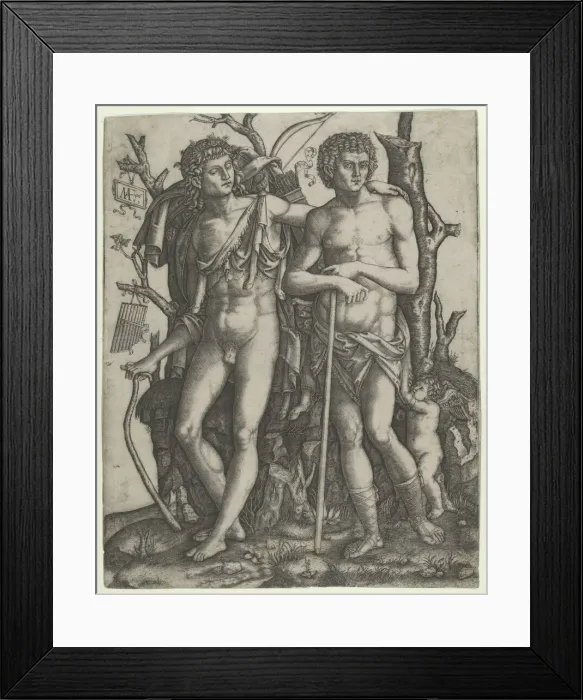 Framed Print : Apollo standing at the left, his hand resting on the shoulder of Hyacinthus, Cupid in the... 1506. Creator: Marcantonio Raimondi Framed Print : Apollo standing at the left, his hand resting on the shoulder of Hyacinthus, Cupid in the... 1506. Creator: Marcantonio Raimondi
