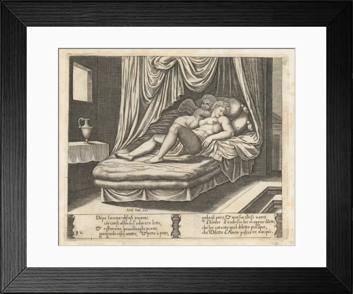 Framed Print : Plate 32: Cupid and Psyche in the nuptial bed, from the Story of Cupid and Psyche as to... 1530-60. Creator: Master of the Die Framed Print : Plate 32: Cupid and Psyche in the nuptial bed, from the Story of Cupid and Psyche as to... 1530-60. Creator: Master of the Die