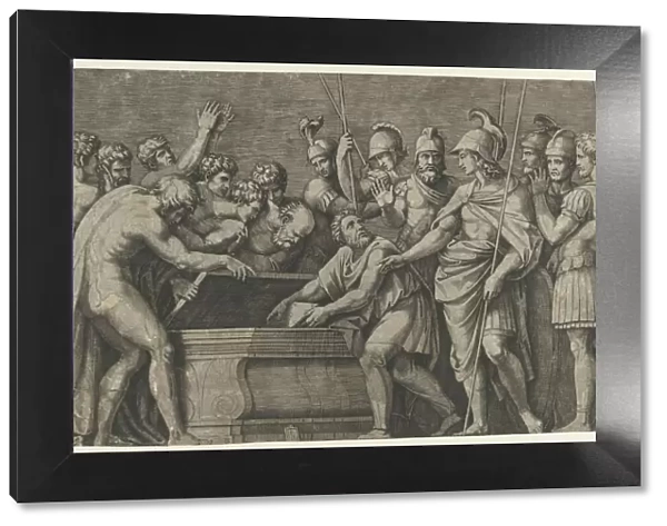 Alexander the Great commanding that the work of Homer be placed in the tomb of Ac... ca. 1500-1534. Creator: Marcantonio Raimondi