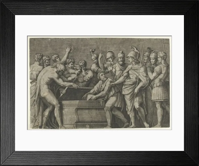 Framed Print : Alexander the Great commanding that the work of Homer be placed in the tomb of Ac... ca. 1500-1534. Creator: Marcantonio Raimondi Framed Print : Alexander the Great commanding that the work of Homer be placed in the tomb of Ac... ca. 1500-1534. Creator: Marcantonio Raimondi