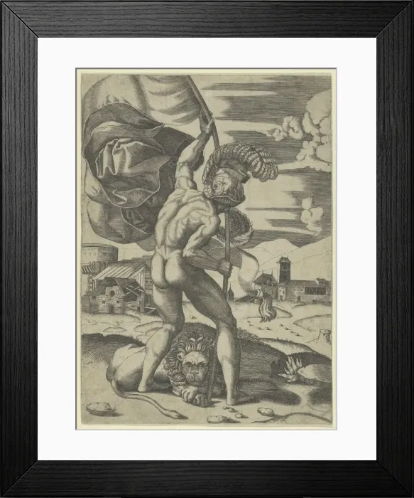 Framed Print : Naked man wearing an elaborate helmet viewed from behind holding a banner, a lion... ca. 1500-1534. Creator: Marcantonio Raimondi Framed Print : Naked man wearing an elaborate helmet viewed from behind holding a banner, a lion... ca. 1500-1534. Creator: Marcantonio Raimondi