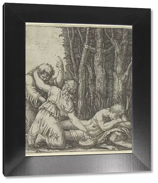 Man sleeping at the edge of a wood with a woman knealing at his side with one han... ca. 1500-1534. Creator: Marcantonio Raimondi