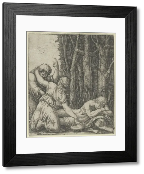Framed Print : Man sleeping at the edge of a wood with a woman knealing at his side with one han... ca. 1500-1534. Creator: Marcantonio Raimondi Framed Print : Man sleeping at the edge of a wood with a woman knealing at his side with one han... ca. 1500-1534. Creator: Marcantonio Raimondi