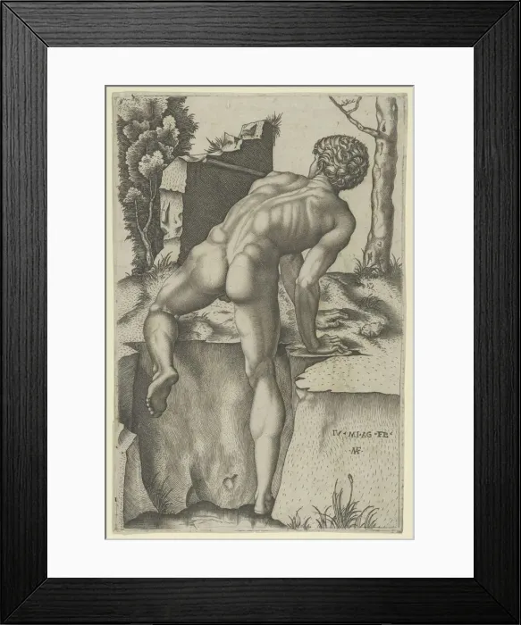 Framed Print : Naked man viewed from behind climbing a river bank, after Michelangelo, ca. 1509. Creator: Marcantonio Raimondi Framed Print : Naked man viewed from behind climbing a river bank, after Michelangelo, ca. 1509. Creator: Marcantonio Raimondi