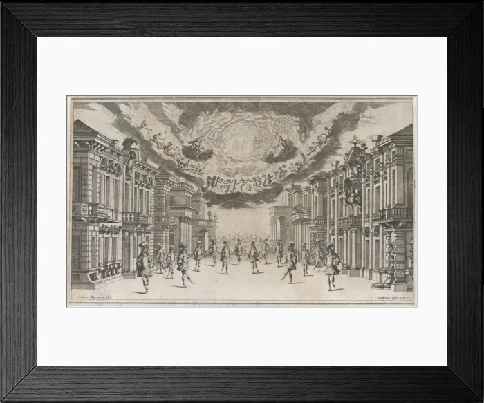 Framed Print : A group of young men dancing as the gods look on from above; set design from Il Pomo D'Or... 1668. Creator: Mathaus Küsel Framed Print : A group of young men dancing as the gods look on from above; set design from Il Pomo D'Or... 1668. Creator: Mathaus Küsel