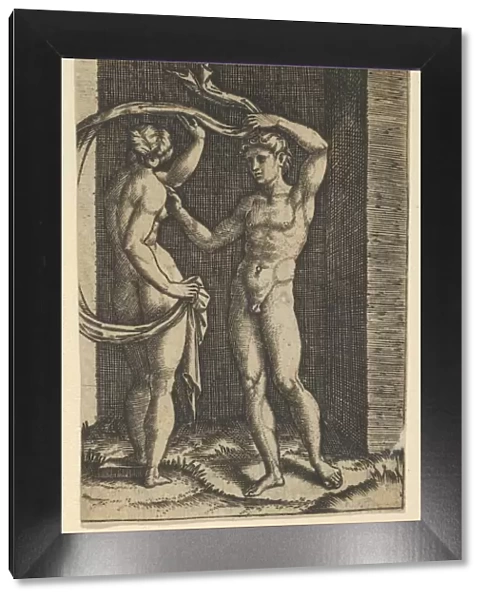 Nude woman viewed from behind holding fabric which blows behind her, looking at m... ca. 1500-1534. Creator: Marcantonio Raimondi