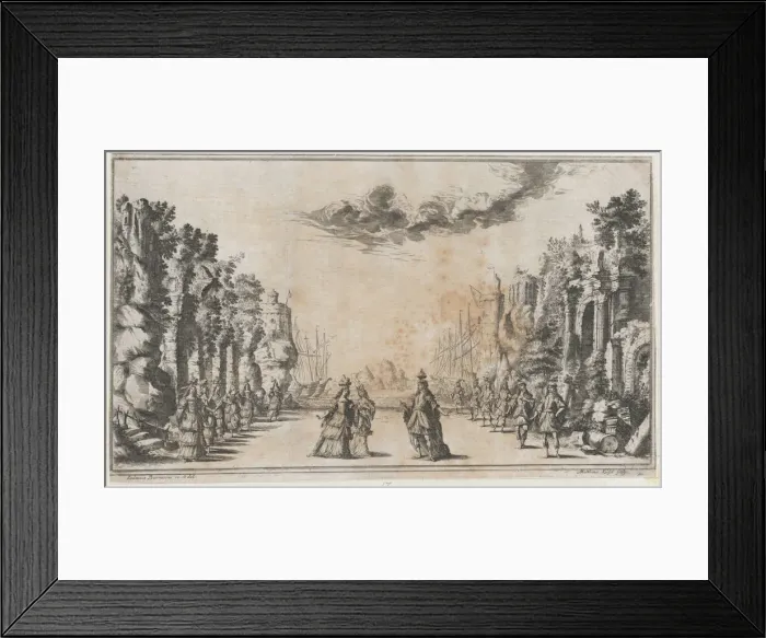 Framed Print : A man and two women conversing at center; young men standing to their right and young wome... 1668. Creator: Mathaus Küsel Framed Print : A man and two women conversing at center; young men standing to their right and young wome... 1668. Creator: Mathaus Küsel