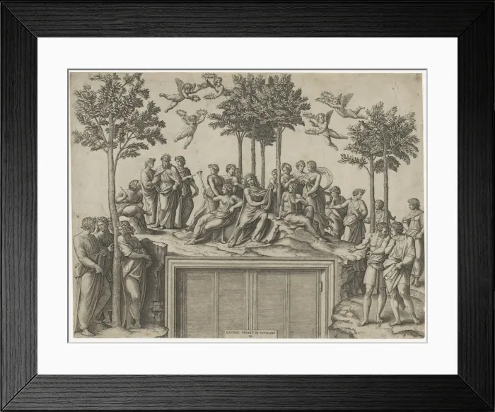 Framed Print : Apollo sitting on Parnassus surrounded by the muses and famous poets, ca. 1517-20 Creator: Marcantonio Raimondi Framed Print : Apollo sitting on Parnassus surrounded by the muses and famous poets, ca. 1517-20 Creator: Marcantonio Raimondi