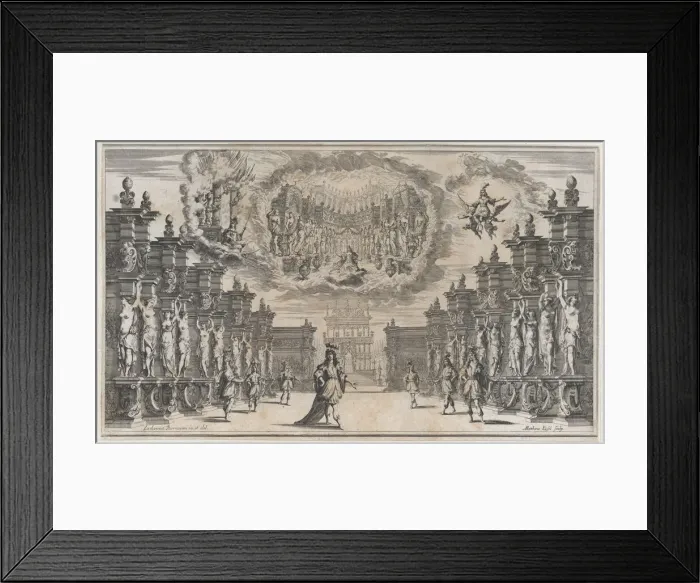 Framed Print : Courtyard of a palace with a man standing at center surrounded by attendants; above, a vis... 1668. Creator: Mathaus Küsel Framed Print : Courtyard of a palace with a man standing at center surrounded by attendants; above, a vis... 1668. Creator: Mathaus Küsel