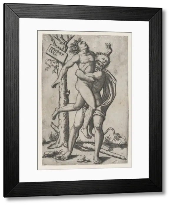Framed Print : Hercules, grasping Antaeus at the waist with both arms and lifting him off his fe... ca. 1500-1550. Creator: Marcantonio Raimondi Framed Print : Hercules, grasping Antaeus at the waist with both arms and lifting him off his fe... ca. 1500-1550. Creator: Marcantonio Raimondi