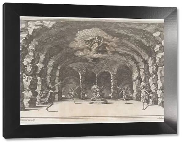 Cavern of Aeolus; a cave with wind gods blowing on either side of Aeolus who sits enthrone... 1668. Creator: Mathaus Küsel