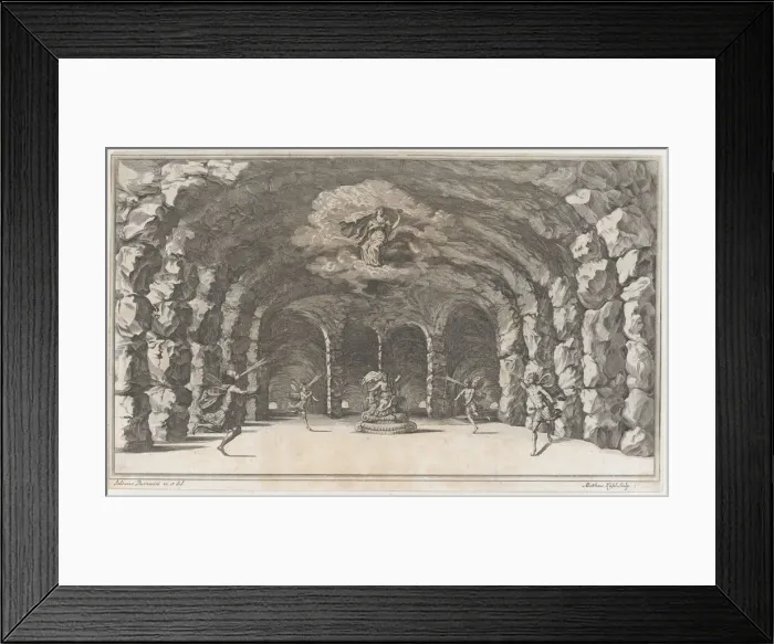 Framed Print : Cavern of Aeolus; a cave with wind gods blowing on either side of Aeolus who sits enthrone... 1668. Creator: Mathaus Küsel Framed Print : Cavern of Aeolus; a cave with wind gods blowing on either side of Aeolus who sits enthrone... 1668. Creator: Mathaus Küsel