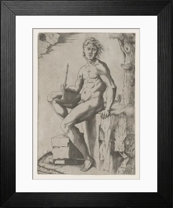Framed Print : Seated Man Holding a Flute, ca. 1500-1550. Creator: Marcantonio Raimondi Framed Print : Seated Man Holding a Flute, ca. 1500-1550. Creator: Marcantonio Raimondi