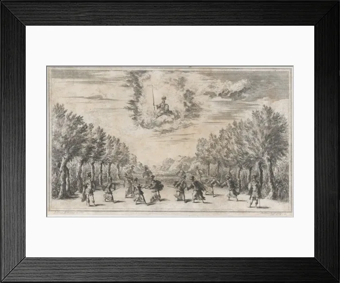 Framed Print : Marsh of Triton; figures battling as Minerva looks on from above; set design from Il Pomo... 1668. Creator: Mathaus Küsel Framed Print : Marsh of Triton; figures battling as Minerva looks on from above; set design from Il Pomo... 1668. Creator: Mathaus Küsel