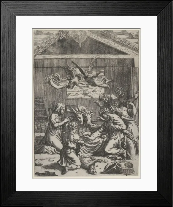 Framed Print : The Adoration of the Shepherds, ca. 1500-1550. Creator: Marcantonio Raimondi Framed Print : The Adoration of the Shepherds, ca. 1500-1550. Creator: Marcantonio Raimondi