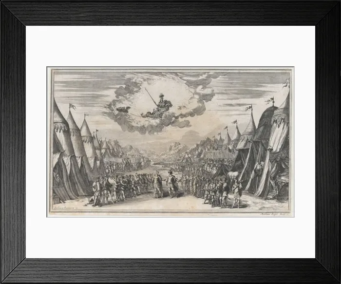 Framed Print : The leaders of two armies conversing, their respective troops and camps on either side; ab... 1668. Creator: Mathaus Küsel Framed Print : The leaders of two armies conversing, their respective troops and camps on either side; ab... 1668. Creator: Mathaus Küsel