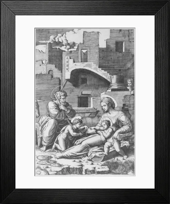 Framed Print : The Virgin with the long thigh sitting with the Christ Child, St John the Baptist... ca. 1518-19. Creator: Marcantonio Raimondi Framed Print : The Virgin with the long thigh sitting with the Christ Child, St John the Baptist... ca. 1518-19. Creator: Marcantonio Raimondi