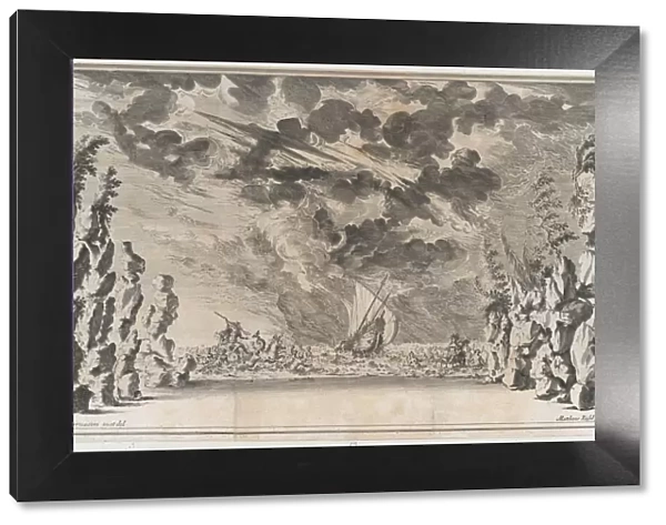A shore framed by rocks, with Neptune in his chariot on the left and Salacia in hers on th... 1668. Creator: Mathaus Küsel