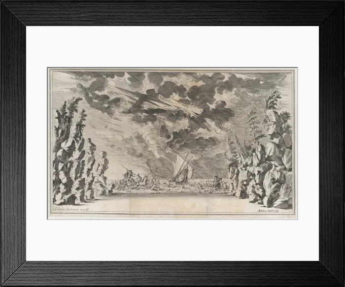 Framed Print : A shore framed by rocks, with Neptune in his chariot on the left and Salacia in hers on th... 1668. Creator: Mathaus Küsel Framed Print : A shore framed by rocks, with Neptune in his chariot on the left and Salacia in hers on th... 1668. Creator: Mathaus Küsel