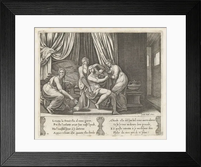 Framed Print : Plate 10: Nymphs dressing Psyches hair, from the Story of Cupid and Psyche as told by... 1530-60. Creator: Master of the Die Framed Print : Plate 10: Nymphs dressing Psyches hair, from the Story of Cupid and Psyche as told by... 1530-60. Creator: Master of the Die
