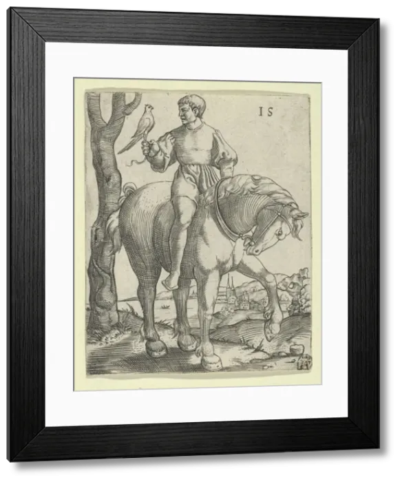 Framed Print : Man on Horseback holding a Falcon, ca. 1525-50. Creator: Master I. S Framed Print : Man on Horseback holding a Falcon, ca. 1525-50. Creator: Master I. S