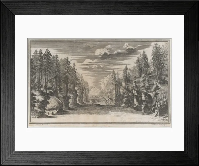 Framed Print : Landscape with two figures running along the bank of the river Xanto; set design from Il... 1668. Creator: Mathaus Küsel Framed Print : Landscape with two figures running along the bank of the river Xanto; set design from Il... 1668. Creator: Mathaus Küsel