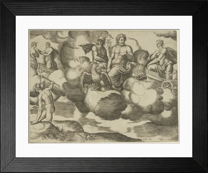 Framed Print : Venus in her dove-drawn chariot complaining to Jupiter who is accompanied by Mercury, f... 1530-60. Creator: Master of the Die Framed Print : Venus in her dove-drawn chariot complaining to Jupiter who is accompanied by Mercury, f... 1530-60. Creator: Master of the Die