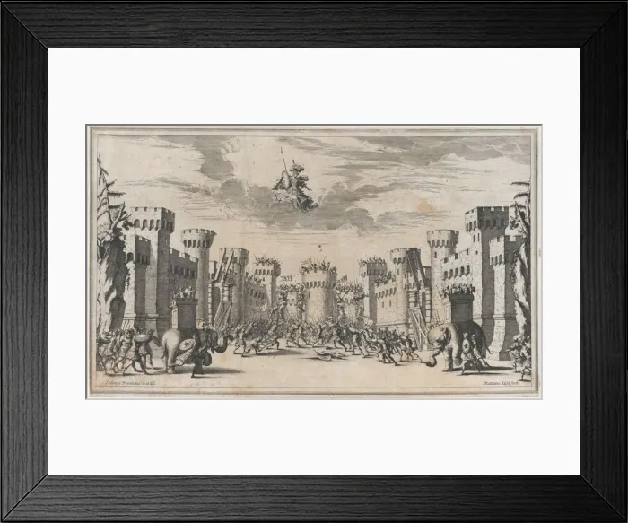 Framed Print : A city under siege with elephants and soldiers throughout; Mars looking down from above; s... 1668. Creator: Mathaus Küsel Framed Print : A city under siege with elephants and soldiers throughout; Mars looking down from above; s... 1668. Creator: Mathaus Küsel