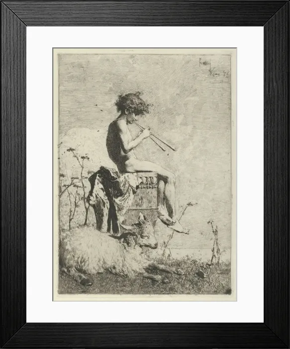 Framed Print : Idyll: a naked youth seated outdoors on a plinth playing a double flute, a goat on the gro... 1865. Creator: Mariano Jose Maria Bernardo Fortuny y Carbo Framed Print : Idyll: a naked youth seated outdoors on a plinth playing a double flute, a goat on the gro... 1865. Creator: Mariano Jose Maria Bernardo Fortuny y Carbo