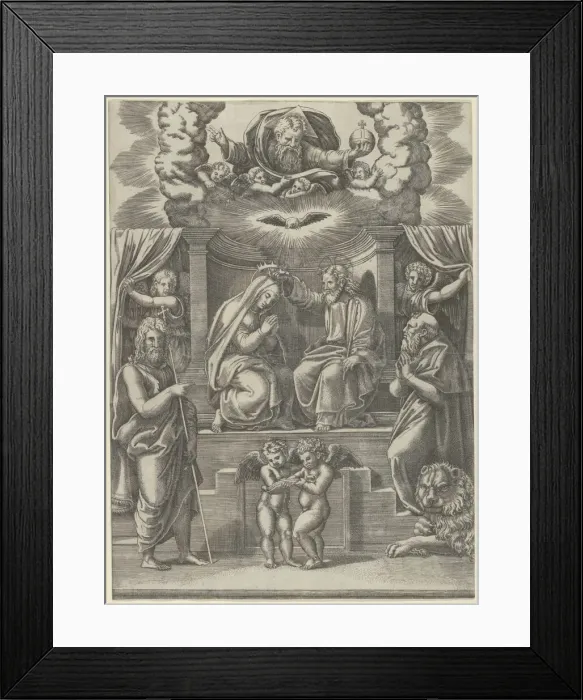 Framed Print : The coronation of the Virgin, God the Father above, St Jerome lower right and St John t... 1530-60. Creator: Master of the Die Framed Print : The coronation of the Virgin, God the Father above, St Jerome lower right and St John t... 1530-60. Creator: Master of the Die