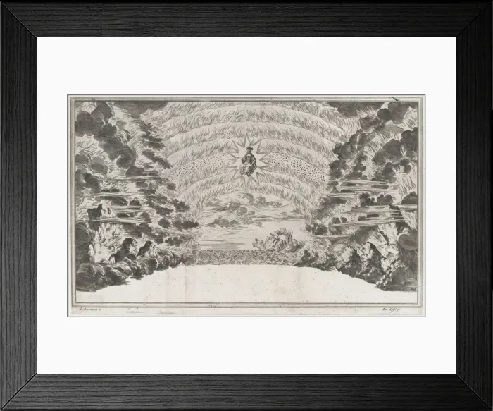 Framed Print : A female figure in glory at center, surrounded by burning rocks; below Cupid sailing on a... 1668. Creator: Mathaus Küsel Framed Print : A female figure in glory at center, surrounded by burning rocks; below Cupid sailing on a... 1668. Creator: Mathaus Küsel